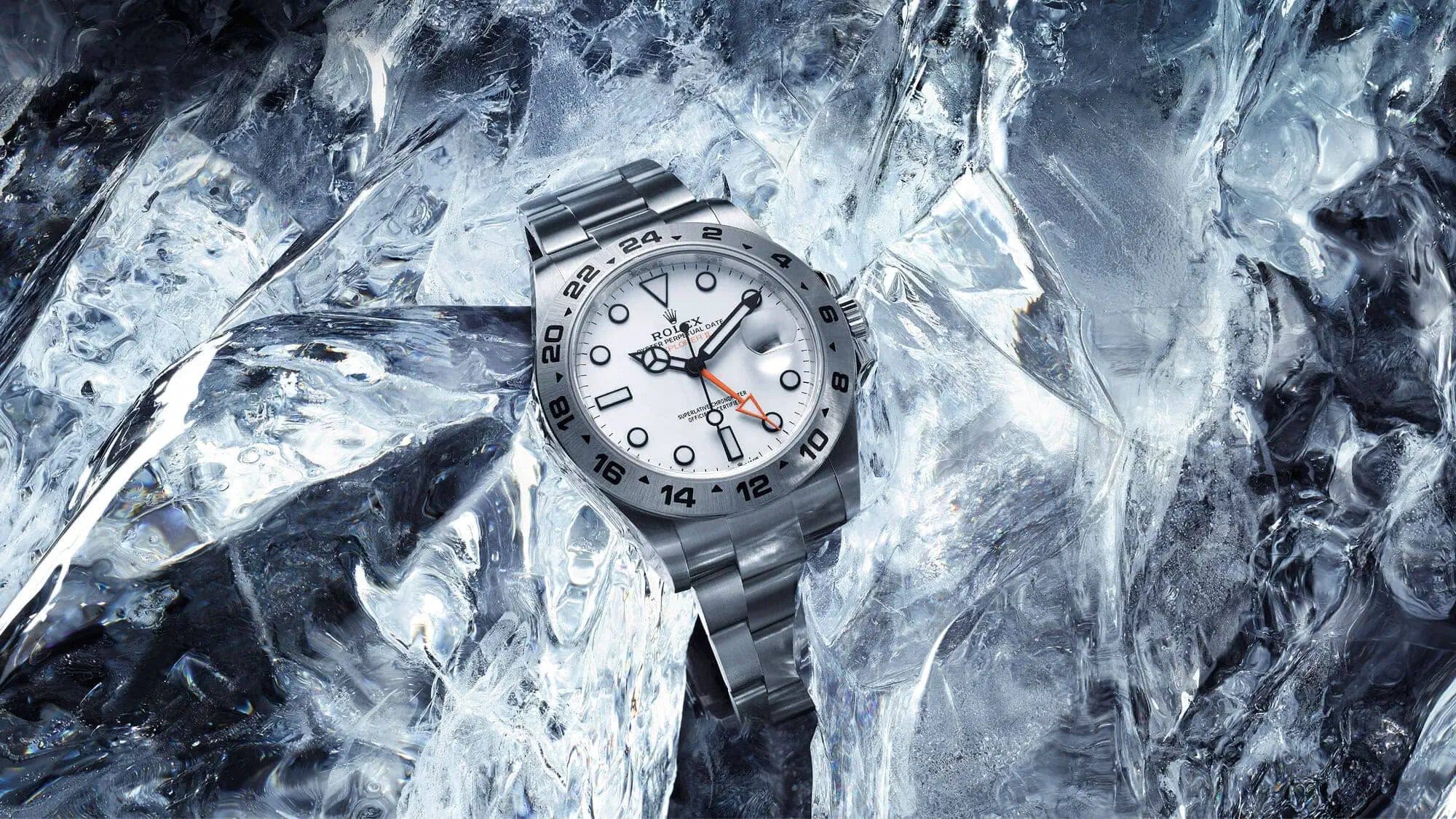 Rolex Explorer II watch with white dial set among ice - Washington Watches