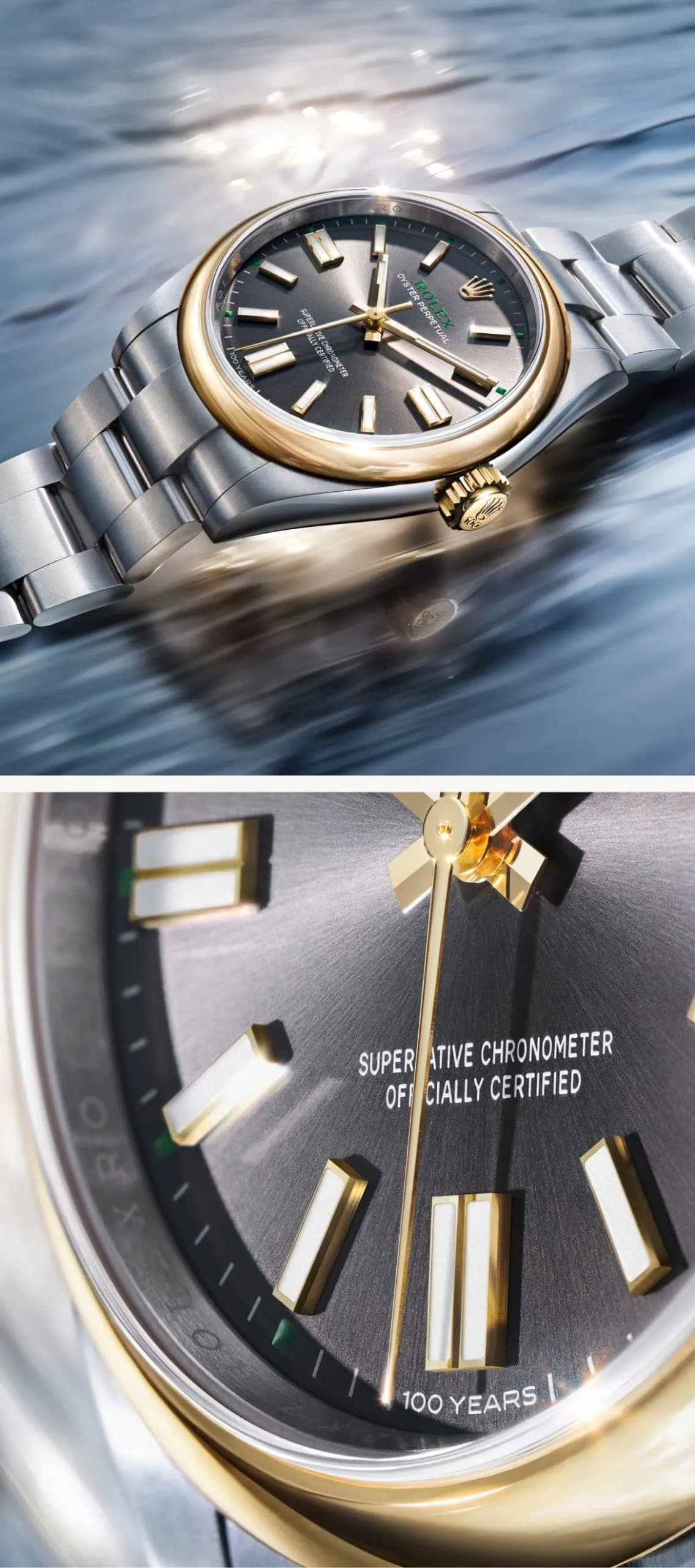 Two-tone Rolex Oyster Perpetual watch with grey dial on water - Washington Watches