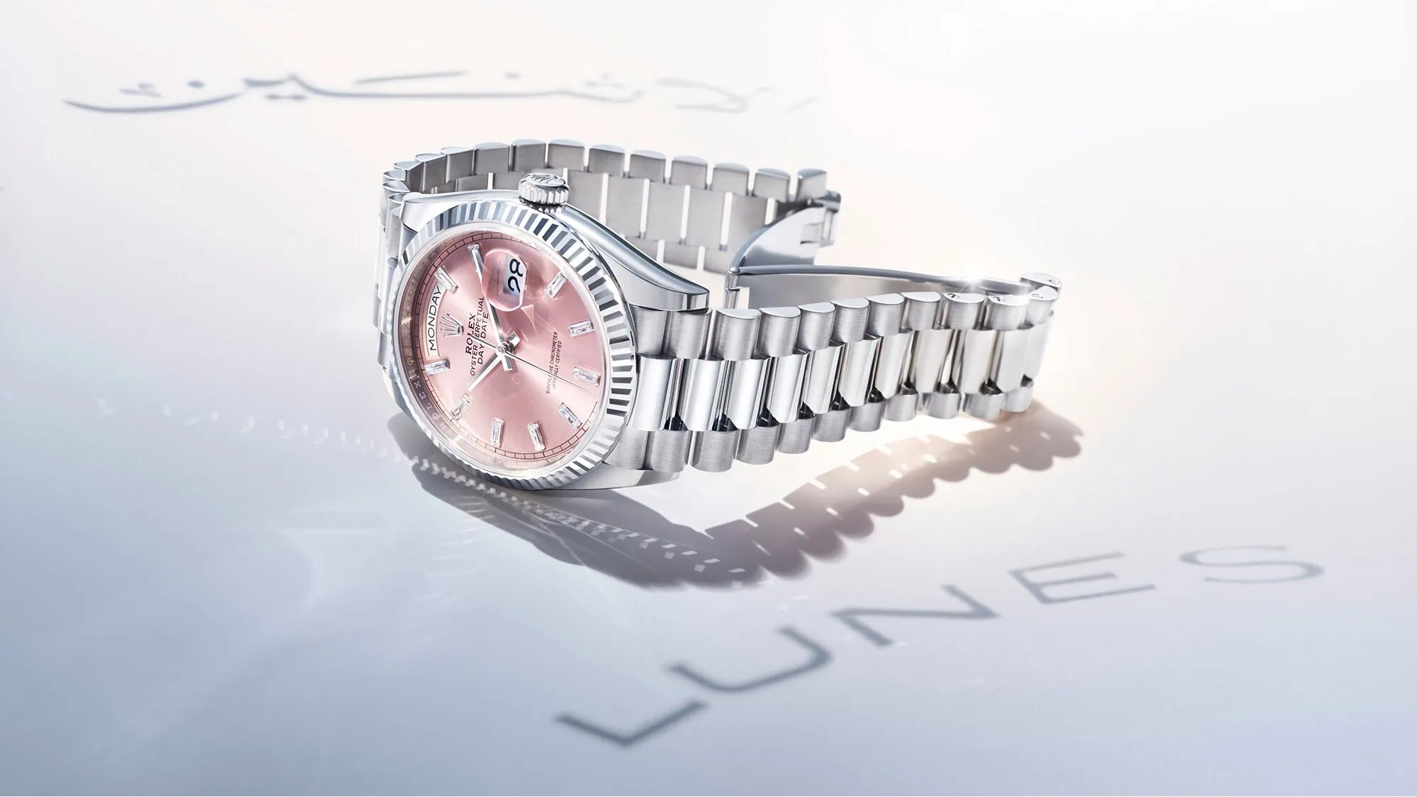 Rolex Day-Date watch with pink dial and diamond hour markers - Washington Watches