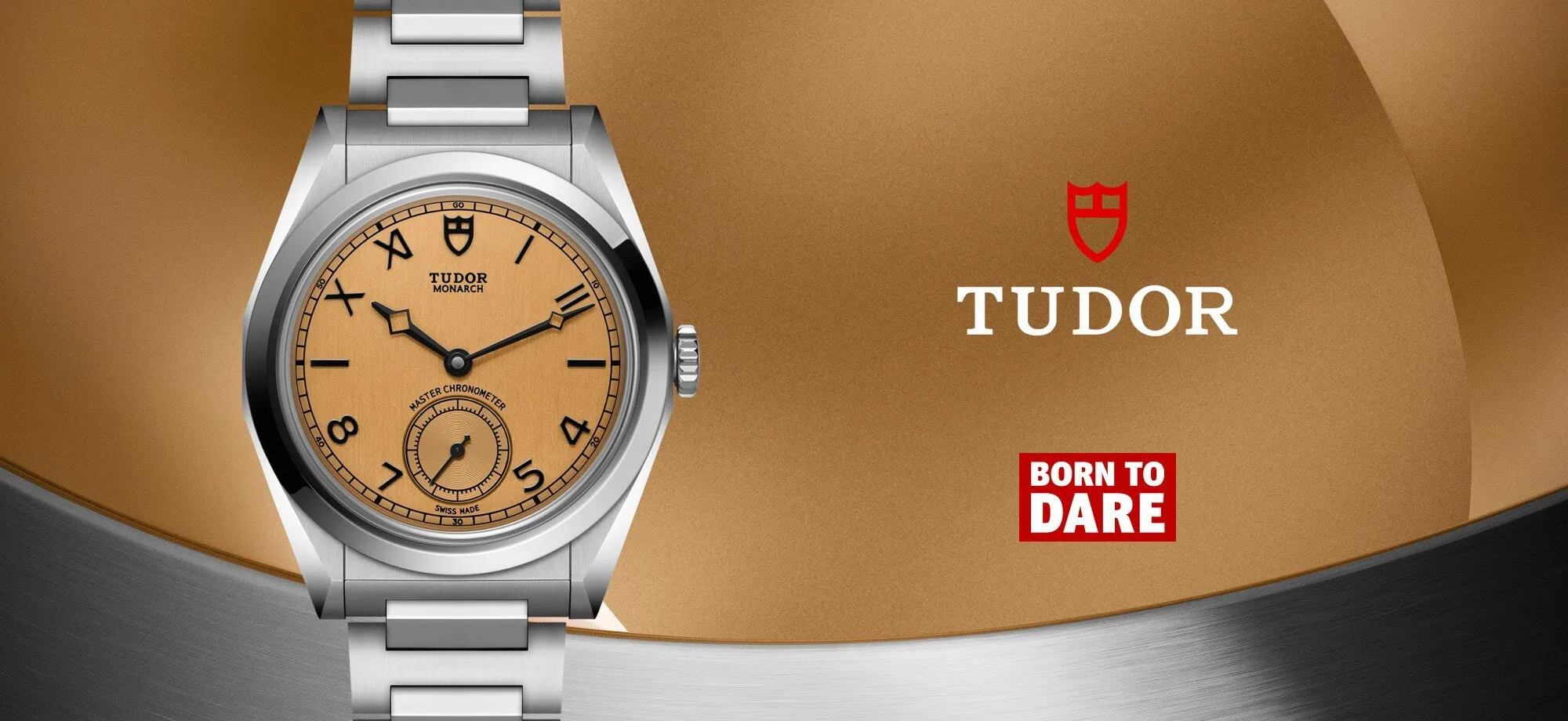 TUDOR Monarch watch with gold dial and Born to Dare branding - Washington Watches
